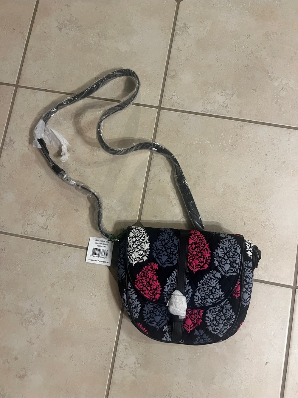 Vera Bradley Black Quilted Crossbody Bag with Pink & Gray Floral Print